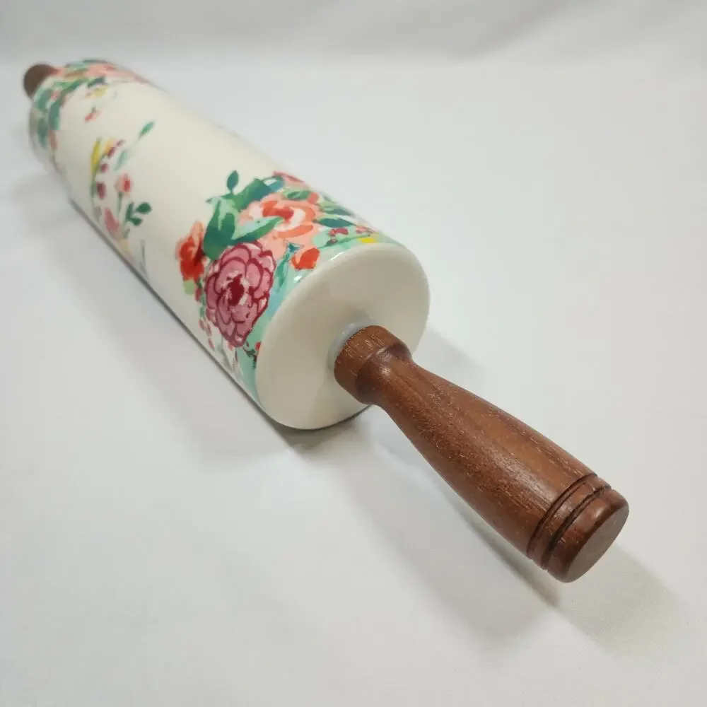 Pioneer Woman Rolling Pin PAINTED MEADOWS Stonewear Floral Acacia Wood Handles